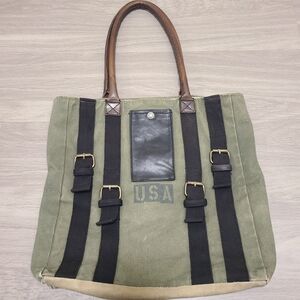 Mona B Upcycled Canvas & Leather Tote Bag Shoulder USA Green Black Brown